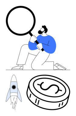 İş adamı elinde büyüteç tutuyor, arama ve analizlerin altını çiziyor. Roket yenilik ve gelişimi simgeler. Madeni para maddi yönleri temsil eder. Finans, iş analizi ve yatırım için ideal