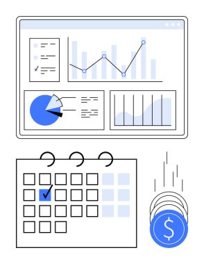 Grafik ve çizelgeli veri paneli, işaretli takvim ve düşen paralar mali yönetim, izleme ve planlama anlamına gelir. İş analizi, mali takip, programlama için ideal