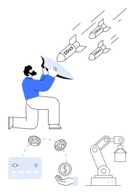 DDoS saldırılarını engellemek için uydu anteni kullanıyor. Etrafı kredi kartı, para birimi sembolleri ve robot kollarla çevrili. Siber güvenlik, teknoloji, finans, siber tehditler, otomasyon dijital ekonomi için ideal