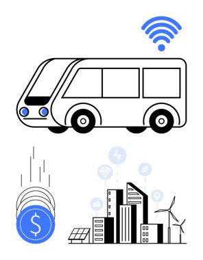 Kablosuz aktifleştirilmiş otobüs, bozuk para yığını, güneş panelli şehir binaları, rüzgar türbinleri ve bağlantı sembolleri. Akıllı şehir kavramları için ideal, sürdürülebilir ulaşım, yeşil enerji, akıllı
