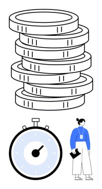 Yığınla bozuk para kronometresi ve üzerinde belge vardı. Finans, işletme, zaman yönetimi, tasarruf, yatırım, üretkenlik ve son teslim tarihleri için ideal. Satır metaforu