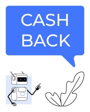 Speech bubble with CASH BACK, robot with headset pointing upward, black-and-white leaf design. Ideal for e-commerce, finance, customer service, technology promotions, online shopping, rewards clipart