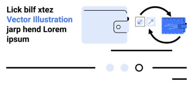 Dijital cüzdan, arayüz elementleri, işlemi gösteren mavi oklar. Fintech, dijital ödemeler, döviz kurları, finansal uygulamalar, e-ticaret, internet bankacılığı, cep cüzdanları için ideal. İniş