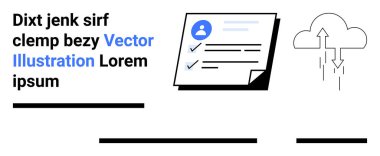 Kullanıcı simgesi ve kontrol listesi olan belge, okları yükleyen bulut sembolü. Dijital kimlik doğrulama, veri güvenliği, dosya depolama hizmetleri, bulut hesaplama, çevrimiçi belgeler, bilişim için ideal