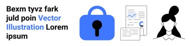 Anahtar delikli büyük mavi kilit simgesi, çizelgeleri olan belgeler, çörek saç stili kadın avatarı. Veri koruması, çevrimiçi mahremiyet, güvenli giriş, iş sunumları, teknoloji blogları, dijital