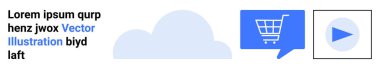 Bulut simgesi gri, alışveriş arabası mavi konuşma balonunda, mavi düğme gri karenin içinde. E-ticaret, çevrimiçi alışveriş, bulut hizmetleri, multimedya, web tasarımı, teknoloji, dijital