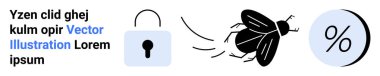 Metin bloğu, kilit simgesi, uçan böcek ve yüzde işareti. Güvenlik, finans, pazarlama, veri analizleri, kullanıcı arayüzleri, eğitim materyalleri için ideal. İniş sayfası