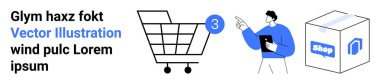 Miktarı olan bir alışveriş arabası, elinde bir cihaz olan bir erkek karakter ve üzerinde dükkan etiketi olan bir kutu. Çevrimiçi perakende satış, e-ticaret, web tasarımı, dijital pazarlama, dağıtım hizmetleri, müşteri etkileşimi için ideal