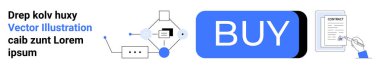 Büyük mavi BUY tuşu, kontratta dokunmatik el izi, simgelerle merkezi akış diyagramı. E-ticaret, teknolojik işlemler, çevrimiçi alışveriş, dijital anlaşmalar, web sitesi için ideal