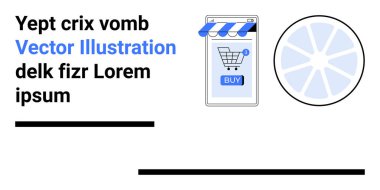 Alışveriş arabalı akıllı telefon ekranı ve Buy düğmesi, soyut dairesel grafik, örnek metin. Mobil uygulamalar, e-ticaret, pazarlama, teknoloji firmaları, çevrimiçi mağazalar, UIUX tasarımı, iniş sayfası için ideal