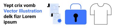 İşaretli belgelerin birleşimi, mavi asma kilit ve tişört taslağı. Güvenlik, gizlilik, e-ticaret, moda, sözleşmeler, belge yönetimi, markalaşma temaları için ideal. İniş sayfası