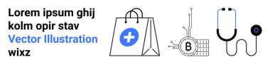 Haçlı alışveriş torbası, devreli Bitcoin çipi ve gelişmiş steteskop. Sağlık, tıbbi, kripto para birimi, teknoloji, e-ticaret, engelleme zinciri, dijital finans için ideal. İniş sayfası