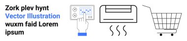 Dijital termostatta elle basma tuşu, hava yayan klima ve alışveriş arabası. Akıllı ev teknolojisi, HVAC sistemleri, çevrimiçi alışveriş, e-ticaret, kontrol cihazları, kullanıcı için ideal