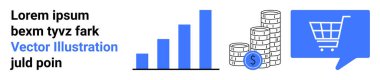 Mavili çubuk grafik, dolar işaretli bozuk para yığını ve alışveriş arabası sembollü konuşma balonu. Ecommerce, ticari büyüme, finans, çevrimiçi alışveriş, satış, veri analizi, pazarlama için ideal