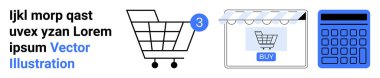 Eşya sayımlı alışveriş arabası, satın alma düğmeli vitrin penceresi ve mavi hesap makinesi. Çevrimiçi alışveriş, e-ticaret, dijital işlemler, perakende ticaret, web sitesi arayüzleri için ideal