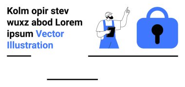 Mavi tulumlu teknisyen elinde bir tablet tutuyor ve güvenlik ve teknolojiyi sembolize eden bir kilit simgesini işaret ediyor. Siber güvenlik, bilişim çözümleri, teknik destek, çevrimiçi güvenlik ve veri için ideal