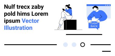 Telefon kullanan bir kadın, mavi baloncuklu paralı bir adam, soyut çizgiler ve noktalar. E-ticaret, nakit terfiler, teknoloji blogları, uygulamalar, sosyal medya, reklamlar, web sitesi için ideal