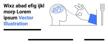 El, zihinsel berraklığı simgeleyen beyin karalamalarını çözer. Metin bloğu, çatal, mavi elementleri içerir. Ruh sağlığı, psikoloji, eğitim, yaratıcılık, problem çözme, kişisel büyüme için ideal