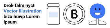 İlaç şişesi, Bitcoin sembolü ve mavi gülen yüz. Temalar sağlık hizmeti, kripto para birimi, duygular, kelimeler, dijital içerik minimalizmi kullanıcı arayüzü. Teknoloji, sağlık, finans veya sosyal hizmet için ideal