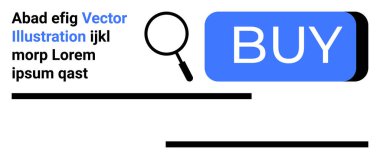 Büyüteç simgesi, mavi BUY düğmesi, yer tutucu metin ve minimalist vektör tasarımı çizgileri. E-ticaret, kullanıcı arayüzü, çevrimiçi alışveriş, web sitesi ögeleri, iniş sayfası, dijital