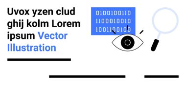 Gözün üstündeki ikili kodu inceleyen büyüteç, siyah çizgiler, mavi ve siyah lorem ipsum metni. Veri analizi, siber güvenlik, teknoloji, araştırma, eğitim, programlama, web geliştirme için ideal