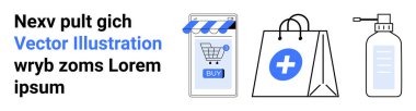 Çevrimiçi alışveriş arabalı akıllı telefon, satın alma düğmesi, tıbbi haçlı kağıt alışveriş torbası ve el dezenfektanı pompası şişesi. E-ticaret için ideal, tıbbi malzemeler, çevrimiçi mağazalar, sağlık uygulamaları, dijital