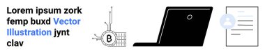 Siyah dizüstü bilgisayar, Bitcoin sembollü devre, kullanıcı avatarıyla belge, Lorem Ipsum metni. Teknoloji blogları, fintech, kripto para birimi, eğitim, bilişim hizmetleri, yazılım geliştirme, dijital pazarlama için ideal