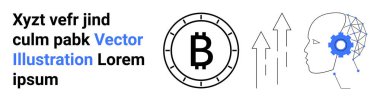 Bitcoin symbol, abstract human head with gear and network lines, upward arrows indicate growth, text elements. Ideal for cryptocurrency, AI technology, blockchain, digital currency, future clipart