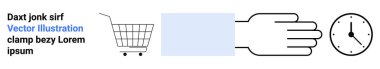 Alışveriş arabası, el ve saat simgeleri minimalist tarzda. E-ticaret, zaman yönetimi, verimlilik, online alışveriş ve perakende temaları için ideal. İniş sayfası için pankart