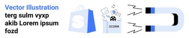 Çizgi film alışveriş torbası ve mıknatıs tarafından çekilen dijital içerik simgeleri. E-ticaret, dijital pazarlama, içerik edinimi, online alışveriş, müşteri ilişkileri için ideal. İniş sayfası