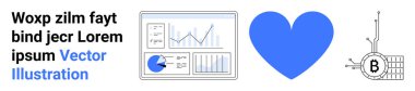 Data analytics dashboard with charts, blue heart shape, Bitcoin circuit design with text. Ideal for tech presentations, financial reports, love-themed content, blockchain articles, digital assets clipart