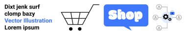 Alışveriş arabası sembolü, mavi dükkan düğmesi ve ağ bağlantıları. E-ticaret, çevrimiçi alışveriş, perakende satış, dijital pazarlama ve iş entegrasyonu için ideal. İniş sayfası için pankart
