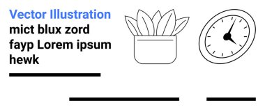 Saksı bitkisi, elleri olan klasik saat, sahte metin ve yatay çizgiler. Web siteleri, sunumlar, bloglar, eğitim materyalleri, dergiler, ürün ambalajları ve posterler için ideal. İniş sayfası