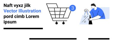 Üç öğe göstergesi olan alışveriş arabası, alışveriş torbası taşıyan kişi ve yer tutucu mesajı. E-ticaret, çevrimiçi mağazalar, perakende satış siteleri, dijital pazarlama, satış promosyonları, kullanıcı deneyimi için ideal