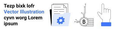 Belgeler, dişli simgesi, devre Bitcoin sembolü ve el işaretli iş klasörü. Finans, teknoloji, yatırım, siber güvenlik, dijital para birimi, yönetim ve pazarlama temaları için ideal