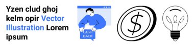Metin bloğu, web penceresinde nakit para levhası, bozuk para ve ampul simgesi olan kişi. Finans, e-ticaret, pazarlama, tasarruf, yenilik, iş stratejisi ve eğitim içeriği için ideal. İniş