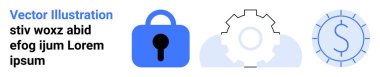Güvenliği temsil eden asma kilit, ayarları ya da yapılandırmayı sembolize eden vites ve finansal ya da ekonomik yönleri belirten dolar işareti. Teknoloji, finans, siber güvenlik ve iş için ideal