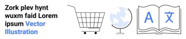 Alışveriş arabası, dünya ve İngilizce ve Çince karakterlerin yer aldığı açık kitap küresel dil öğrenmesini tasvir eder. Eğitim, e-ticaret, seyahat, çeviri hizmetleri, dil okulları, uluslararası