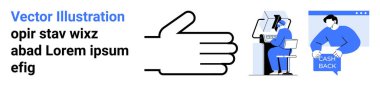 Large hand gesture, person using computer, someone holding cash back signage. Ideal for business, technology, communication, e-commerce, customer engagement, online support, financial services clipart