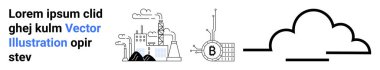 Factory buildings with smoke stacks, Bitcoin blockchain symbol, and abstract cloud with horizontal lines. Ideal for technology, industry, finance, blockchain, cloud computing, innovation clipart