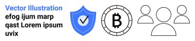 İşaretli kalkan, bozuk para sembolü ve siyah-mavi üç kullanıcı simgesi. Güvenlik, kripto para birimi, kullanıcı yönetimi, dijital kimlik, engelleme zinciri, teknoloji ve çevrimiçi için ideal
