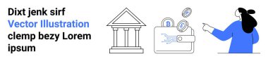 Banka binası, uçan paralı dijital cüzdan ve işaret eden kadın. Fintech, bankacılık, dijital cüzdanlar, kripto para, e-ticaret, finansal uygulamalar ve yatırım için ideal. İniş sayfası için pankart