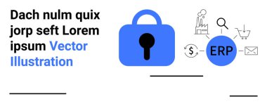 Mavi kilit ERP simgesinin yanındaki güvenliği simgeliyor. Bulut, dolar işareti, alışveriş arabası, zarf ve analitik gibi iş ikonları. İş, finans, bilişim, ekommerce için ideal