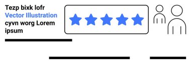 Mavi beş yıldızlı derecelendirme, kullanıcı simgeleri, siyah çizgili lorem ipsum metni. Değerlendirmeler, ifadeler, geri bildirim, değerlendirme, kullanıcı arayüzü tasarımı, web tasarımı ve iniş sayfaları için idealdir. İniş sayfası