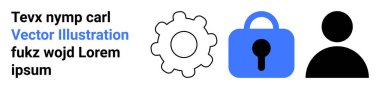 Vites simgesi, mavi asma kilit ve yer tutucu metnin yanında insan silueti. Teknoloji uygulamaları, güvenlik, kullanıcı profilleri, çevrimiçi hizmetler, gizlilik ayarları, eğitim materyalleri, bilgi grafikleri için idealdir. Pankart