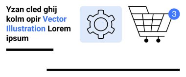 Mavi uyarı rozetli alışveriş arabası, mavi karede vites simgesi, siyah metin örneği. E-ticaret, çevrimiçi alışveriş, web sitesi tasarımı, kullanıcı arayüzü, dijital pazarlama, müşteri deneyimi için ideal