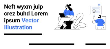İki karakter, birinin dizüstü bilgisayarı ve diğerinin de büyüteci var. Teknoloji, takım çalışması, araştırma, iletişim, eğitim, analitik ve sunumlar için ideal. İniş sayfası