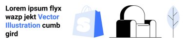İçinde bir alışveriş çantası, basit bir koltuk ve bir yaprak bulunan modern bir tasarım. E-ticaret, iç tasarım, online alışveriş, ev dekorasyonu ve doğadan esinlenilmiş tasarımlar için ideal. İniş sayfası