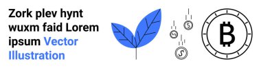 Mavi yaprak, düşen paralar, Bitcoin sembolü. Teknoloji, finans, ekonomi, yatırım, kripto para birimi doğa çevre dostu temalar için idealdir. İniş sayfası