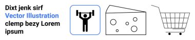 Halterci halter kaldırma ikonu, delikli peynir dilimi ve boş alışveriş arabası. Fitness, beslenme, alışveriş, e-ticaret, sağlık, diyet ve yaşam tarzı temaları için ideal. İniş sayfası için pankart